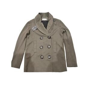 Bailey 44 Olive Double Breasted Jacket Leather Trim Military Peacoat M